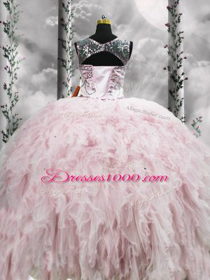 Fashion Ball Gowns Quinceanera Dresses Pink Scoop Tulle Sleeveless Floor Length Zipper