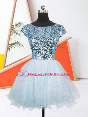 Sumptuous Light Blue Short Sleeves Sequins Mini Length Prom Dress