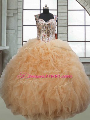 Ball Gowns Quinceanera Dresses Champagne Sweetheart Organza Sleeveless Floor Length Lace Up