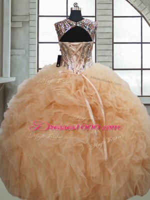 Ball Gowns Quinceanera Dresses Champagne Sweetheart Organza Sleeveless Floor Length Lace Up