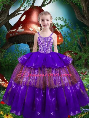 Purple Straps Lace Up Beading and Ruffled Layers Little Girls Pageant Gowns Sleeveless