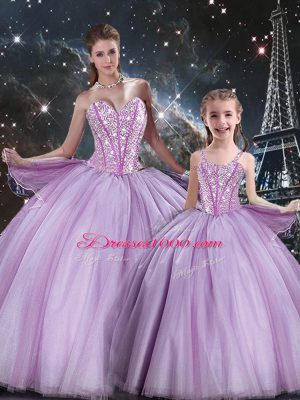 Modern Lavender Tulle Lace Up Sweetheart Sleeveless Floor Length Sweet 16 Quinceanera Dress Beading