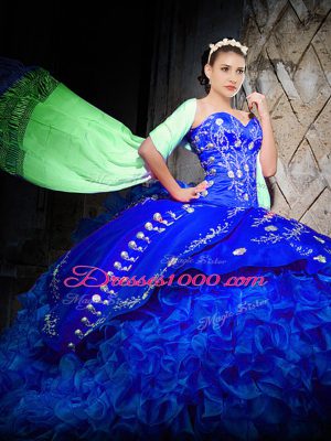 Lace Up Quinceanera Dresses Royal Blue for Military Ball and Sweet 16 and Quinceanera with Embroidery and Ruffles Brush Train