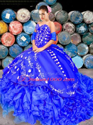 Lace Up Quinceanera Dresses Royal Blue for Military Ball and Sweet 16 and Quinceanera with Embroidery and Ruffles Brush Train