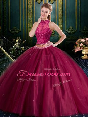 Low Price Halter Top Sleeveless Tulle Floor Length Lace Up Quinceanera Gowns in Burgundy with Appliques