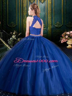 Low Price Halter Top Sleeveless Tulle Floor Length Lace Up Quinceanera Gowns in Burgundy with Appliques