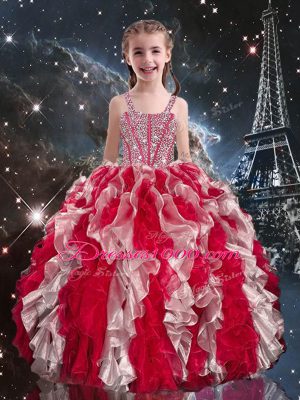 Excellent Straps Sleeveless Kids Formal Wear Floor Length Beading and Ruffles Wine Red Organza