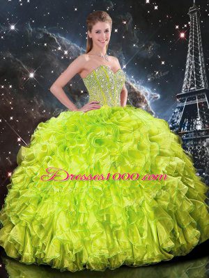 Yellow Green 15th Birthday Dress Military Ball and Sweet 16 and Quinceanera with Beading and Ruffles Sweetheart Sleeveless Lace Up