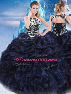 Navy Blue Lace Up High-neck Appliques and Ruffles and Pick Ups Sweet 16 Dress Taffeta Sleeveless