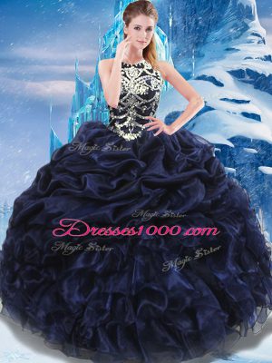 Navy Blue Lace Up High-neck Appliques and Ruffles and Pick Ups Sweet 16 Dress Taffeta Sleeveless