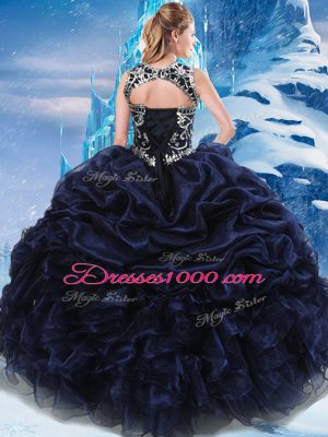 Navy Blue Lace Up High-neck Appliques and Ruffles and Pick Ups Sweet 16 Dress Taffeta Sleeveless