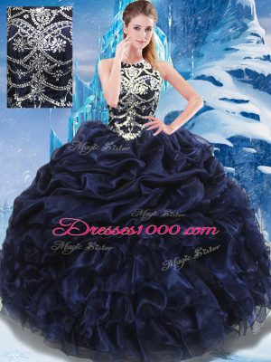 Navy Blue Lace Up High-neck Appliques and Ruffles and Pick Ups Sweet 16 Dress Taffeta Sleeveless