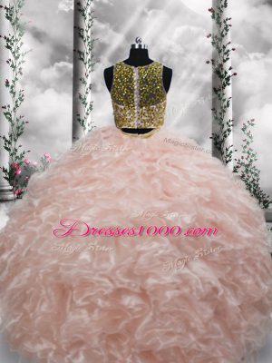 Dramatic Peach Sleeveless Floor Length Beading and Ruffles Zipper Vestidos de Quinceanera