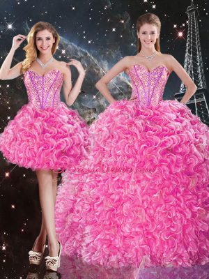 Rose Pink Three Pieces Beading and Ruffles Ball Gown Prom Dress Lace Up Organza Sleeveless Floor Length