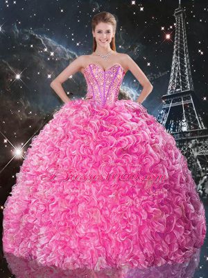 Rose Pink Three Pieces Beading and Ruffles Ball Gown Prom Dress Lace Up Organza Sleeveless Floor Length