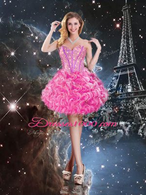 Rose Pink Three Pieces Beading and Ruffles Ball Gown Prom Dress Lace Up Organza Sleeveless Floor Length