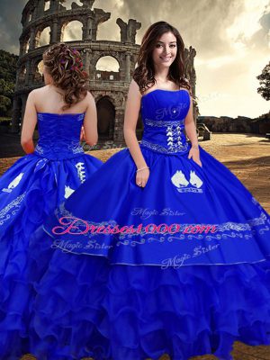 Exquisite Floor Length Zipper Vestidos de Quinceanera Royal Blue for Military Ball and Sweet 16 and Quinceanera with Embroidery and Ruffled Layers