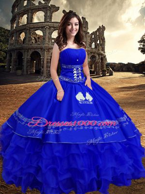 Exquisite Floor Length Zipper Vestidos de Quinceanera Royal Blue for Military Ball and Sweet 16 and Quinceanera with Embroidery and Ruffled Layers