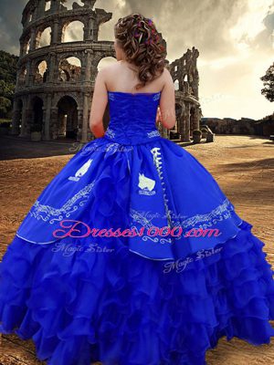 Exquisite Floor Length Zipper Vestidos de Quinceanera Royal Blue for Military Ball and Sweet 16 and Quinceanera with Embroidery and Ruffled Layers