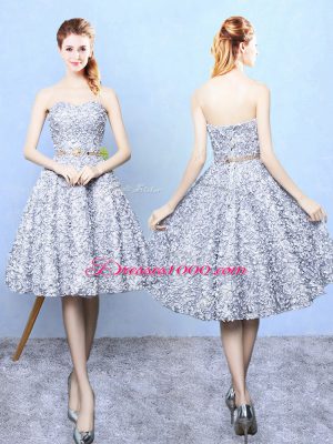 Best Printed Sleeveless Knee Length Quinceanera Court Dresses and Belt