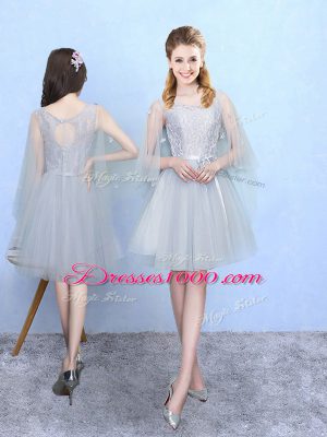 Silver Tulle Lace Up Bridesmaid Dress Sleeveless Knee Length Lace