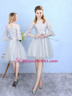 Silver Tulle Lace Up Bridesmaid Dress Sleeveless Knee Length Lace