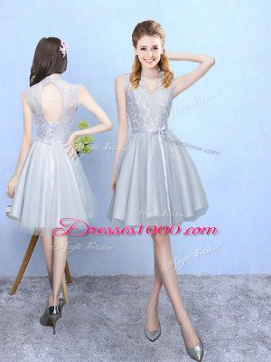 Silver Tulle Lace Up Bridesmaid Dress Sleeveless Knee Length Lace