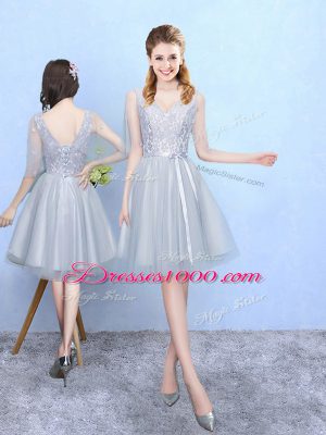 Silver Tulle Lace Up Bridesmaid Dress Sleeveless Knee Length Lace