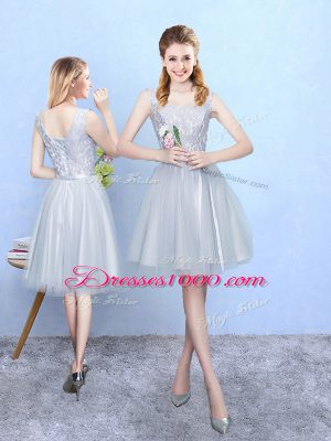 Silver Tulle Lace Up Bridesmaid Dress Sleeveless Knee Length Lace