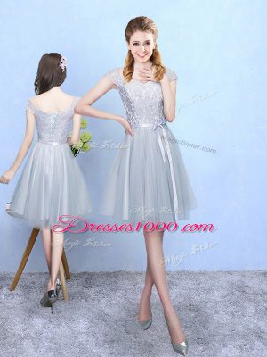 Silver Tulle Lace Up Bridesmaid Dress Sleeveless Knee Length Lace