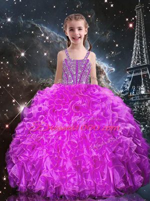 Discount Sleeveless Floor Length Beading and Ruffles Lace Up Little Girl Pageant Gowns with Fuchsia