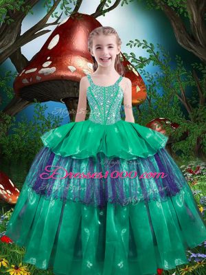 Fantastic Floor Length Lace Up Girls Pageant Dresses Green for Quinceanera and Wedding Party with Beading and Ruffled Layers
