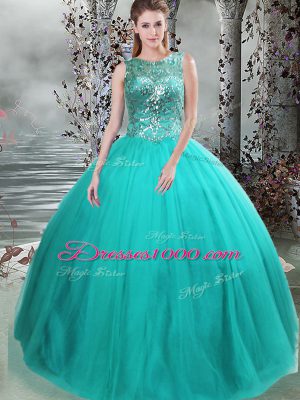New Style Turquoise Lace Up Quince Ball Gowns Beading Sleeveless Floor Length