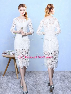 Tea Length Column/Sheath 3 4 Length Sleeve White Bridesmaid Dresses Zipper