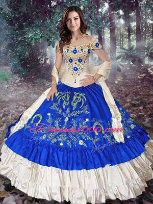 Off The Shoulder Sleeveless Ball Gown Prom Dress Floor Length Embroidery and Ruffled Layers Royal Blue Taffeta