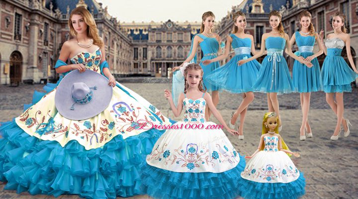 Low Price Embroidery and Ruffled Layers 15th Birthday Dress Baby Blue Lace Up Sleeveless Floor Length