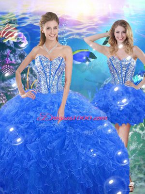 Customized Royal Blue Sweetheart Neckline Beading and Ruffles Sweet 16 Dresses Sleeveless Lace Up