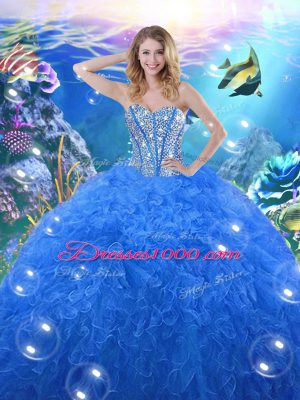 Customized Royal Blue Sweetheart Neckline Beading and Ruffles Sweet 16 Dresses Sleeveless Lace Up
