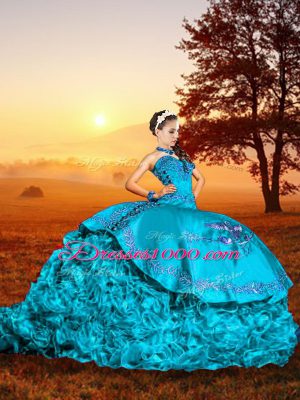 Cute Baby Blue Sleeveless Organza Brush Train Lace Up 15 Quinceanera Dress for Military Ball and Sweet 16 and Quinceanera