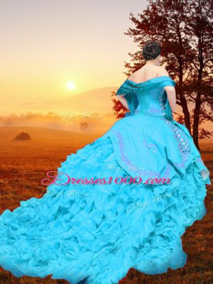 Cute Baby Blue Sleeveless Organza Brush Train Lace Up 15 Quinceanera Dress for Military Ball and Sweet 16 and Quinceanera