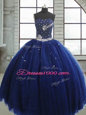 Glorious Sleeveless Floor Length Beading Lace Up 15 Quinceanera Dress with Navy Blue