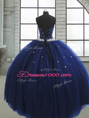 Glorious Sleeveless Floor Length Beading Lace Up 15 Quinceanera Dress with Navy Blue