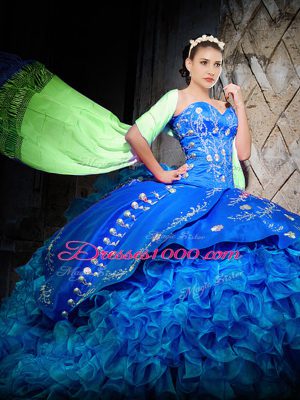 High Class Off The Shoulder Sleeveless Organza Sweet 16 Quinceanera Dress Embroidery and Ruffles Brush Train Lace Up
