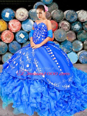 High Class Off The Shoulder Sleeveless Organza Sweet 16 Quinceanera Dress Embroidery and Ruffles Brush Train Lace Up
