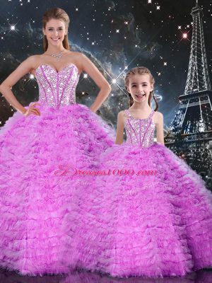 Fabulous Fuchsia Sleeveless Floor Length Beading and Ruffles Lace Up Sweet 16 Dresses