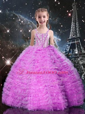 Fabulous Fuchsia Sleeveless Floor Length Beading and Ruffles Lace Up Sweet 16 Dresses