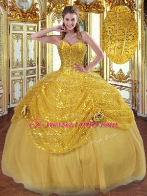 New Arrival Floor Length Gold 15th Birthday Dress Sweetheart Sleeveless Lace Up