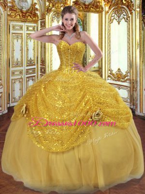 New Arrival Floor Length Gold 15th Birthday Dress Sweetheart Sleeveless Lace Up