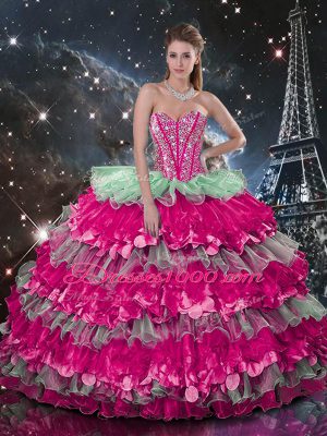 Beading and Ruffles and Ruffled Layers Quinceanera Dresses Multi-color Lace Up Sleeveless Floor Length