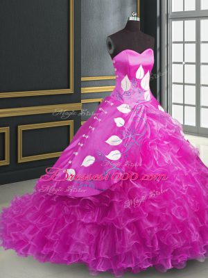 Organza Sweetheart Sleeveless Brush Train Lace Up Embroidery and Ruffles Quinceanera Dresses in Fuchsia